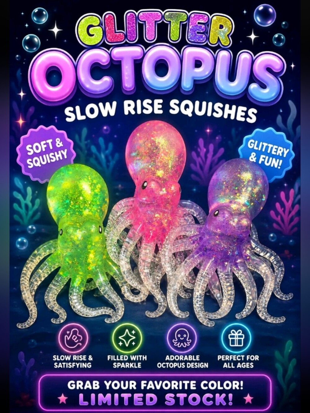 Glitter Octopus Squishy Fidget Toy(Qty 1) Mystery Color - Picture 1 of 3